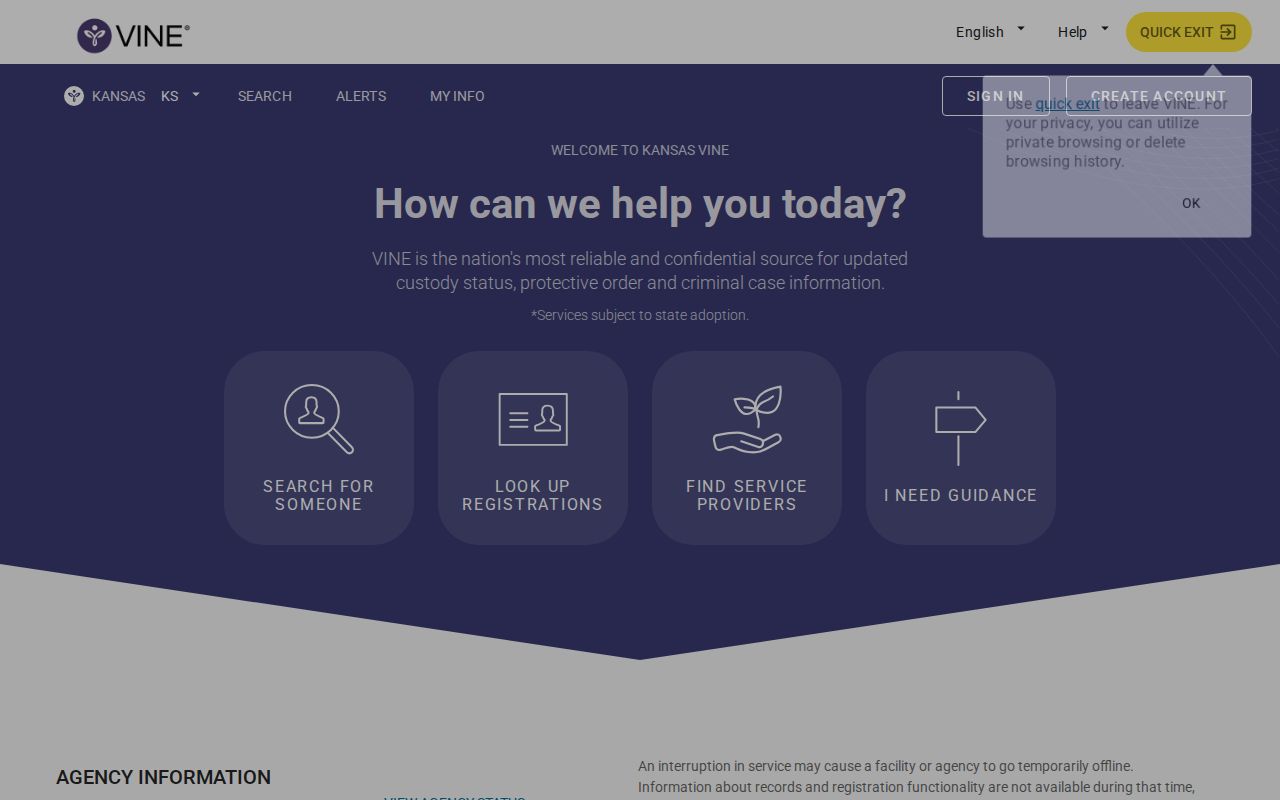 Kansas VINELink Lane County custody search interface